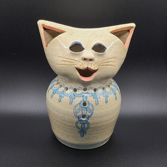 Studio Art Pottery Whimsical Smiling Cat Blue Collar Candle Holder Luminary - Picture 1 of 7